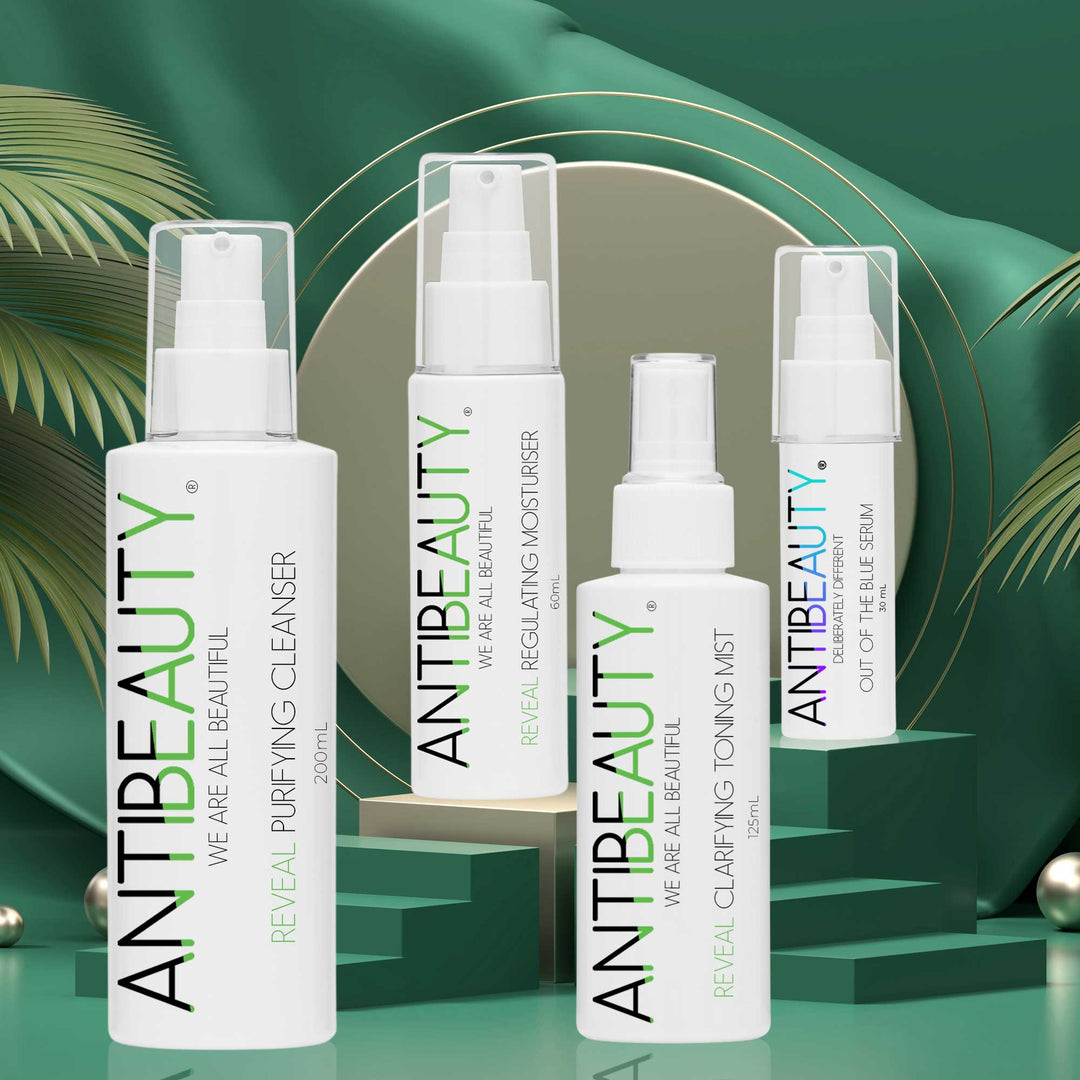 Reveal Purifying Bundle for Oily and Acne prone skin, in front of a green background