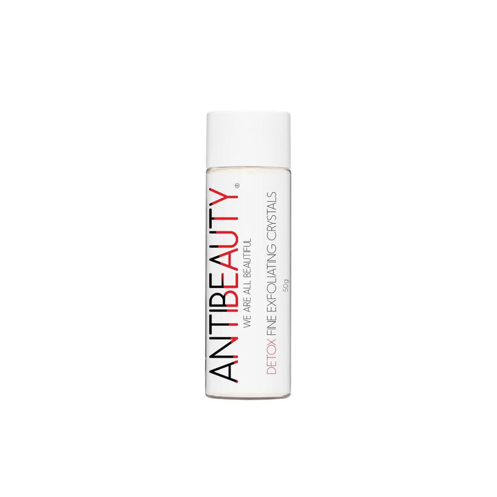 AntiBeauty Detox Fine Exfoliating Crystals with product label on display against a white background.