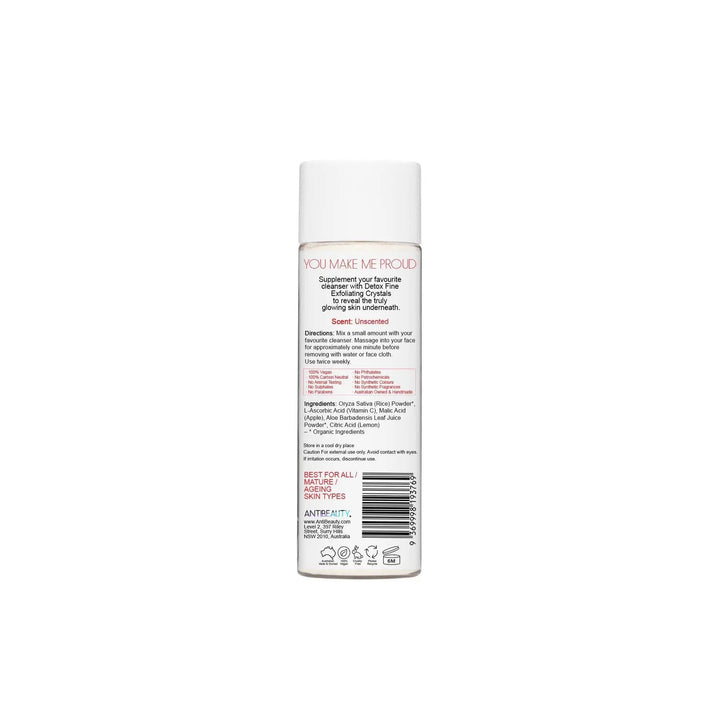 Back label of AntiBeauty Detox Fine Exfoliating Crystals jar on white background, featuring product details and ingredients list.