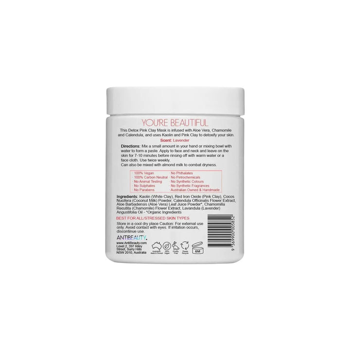 Back label of AntiBeauty Detox Pink Clay Mask jar on white background, featuring product details and ingredients list.