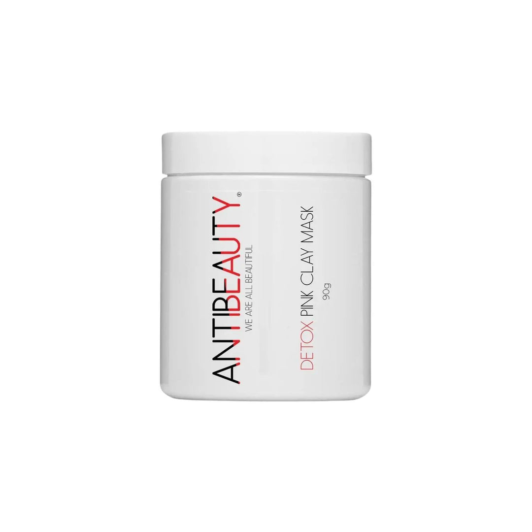 AntiBeauty Detox Pink Clay Mask with product label on display against a white background.
