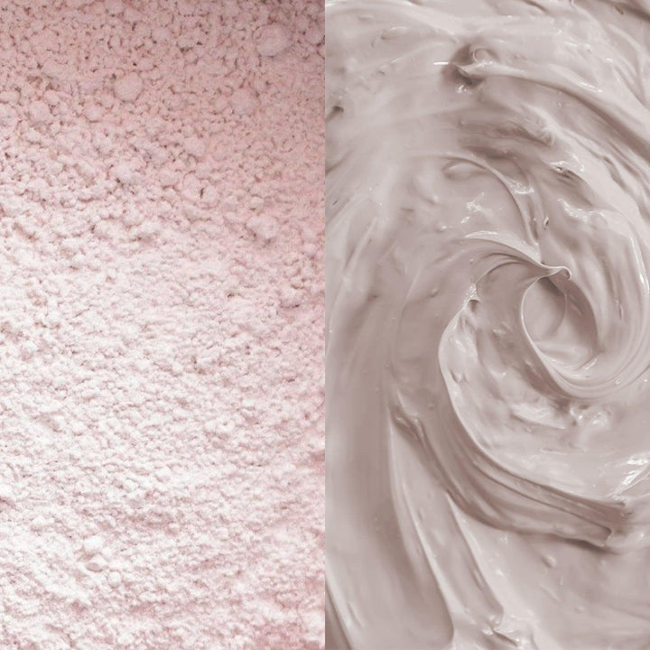 A swatch of the AntiBeauty Detox Pink Clay Mask, showing its powder and paste forms, perfect for oily and acne prone skin.