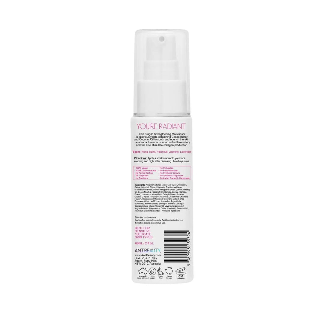 Back label of AntiBeauty Fragile Strengthening Moisturiser bottle on white background, featuring product details and ingredients list.