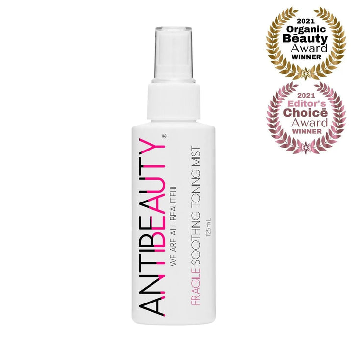 AntiBeauty Fragile Soothing Toning Mist with product label on display against a white background. Multiple award logos showing.