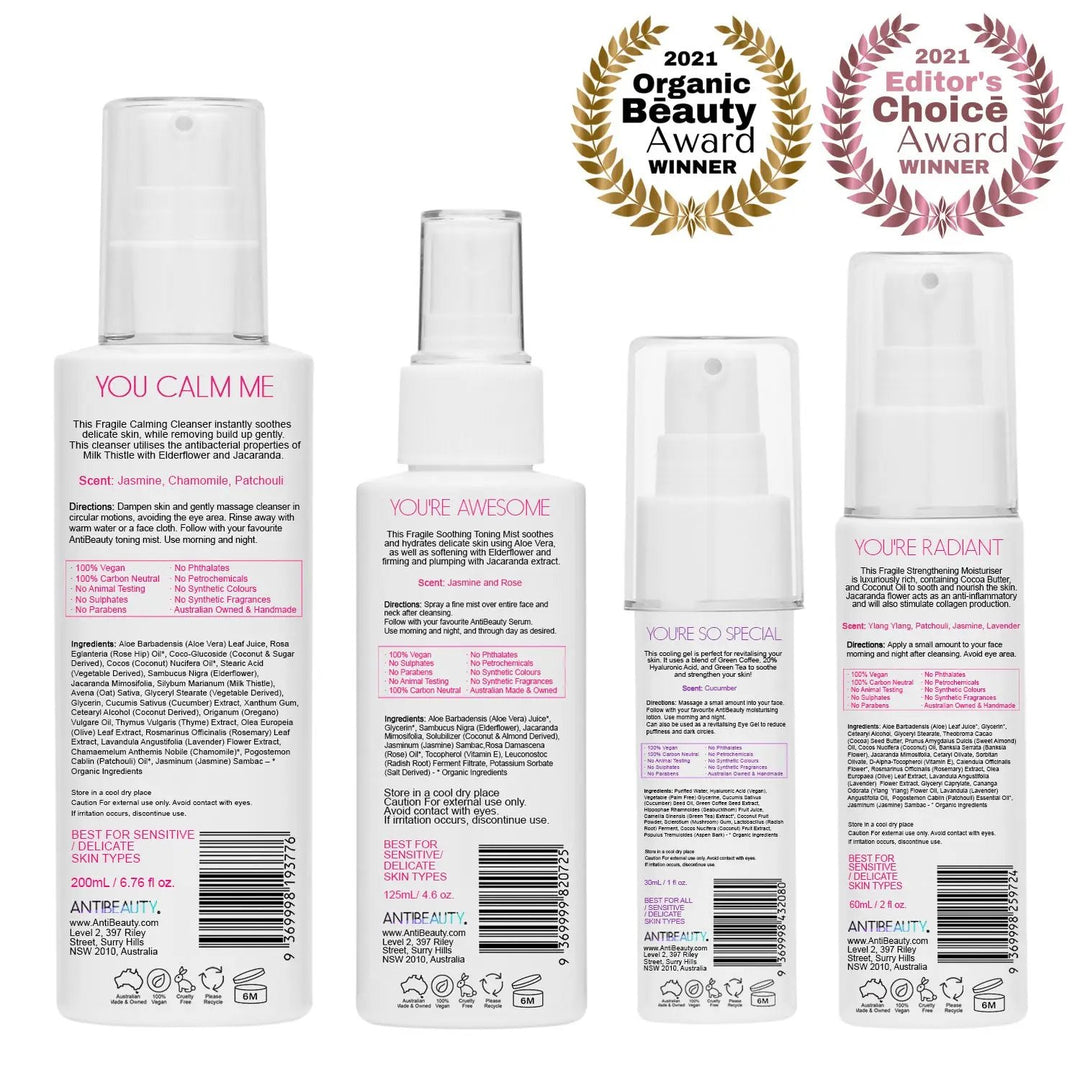 Fragile Calming Bundle for Sensitive Skin showing back labels and two award logos