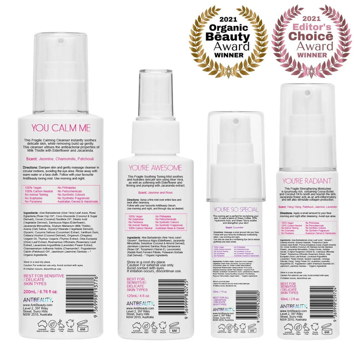 Fragile Calming Bundle for Sensitive Skin showing back labels and two award logos