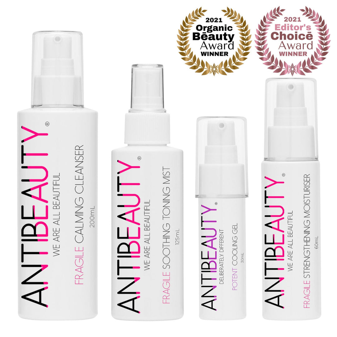 Fragile Calming Bundle for Sensitive Skin showing front labels and two award logos