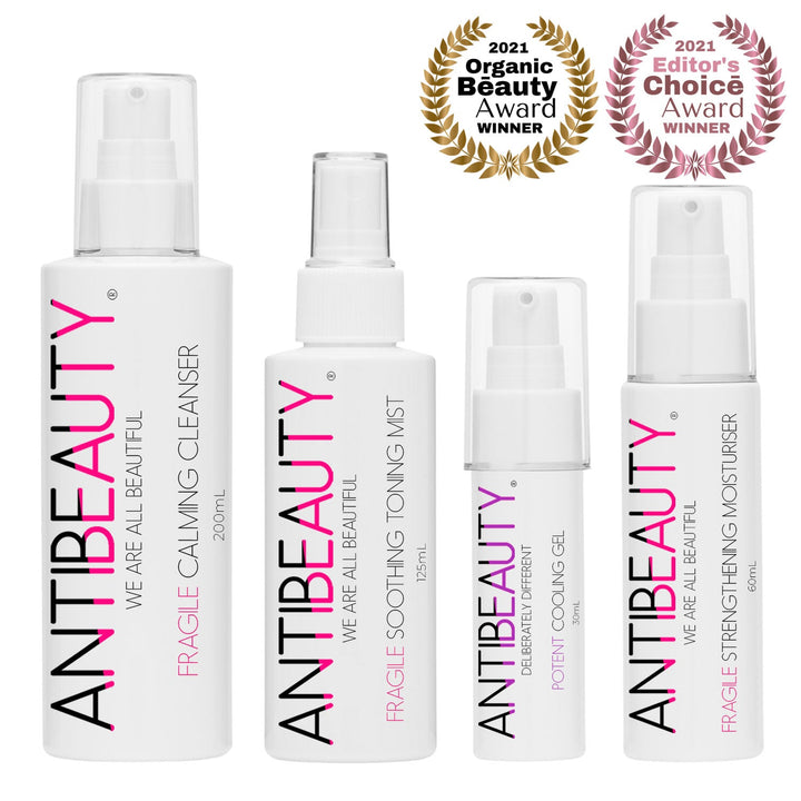 Fragile Calming Bundle for Sensitive Skin showing front labels and two award logos