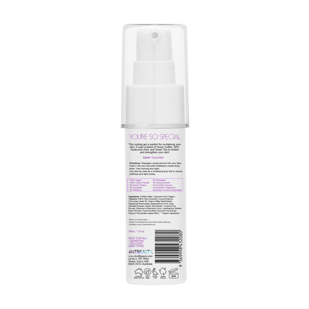 Back label of AntiBeauty Potent Cooling Gel bottle on white background, featuring product details and ingredients list.