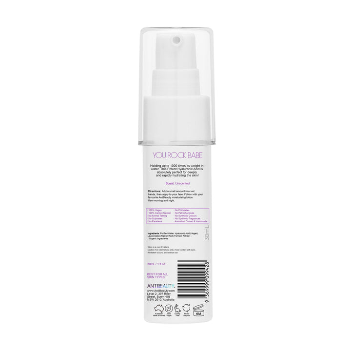 Back label of AntiBeauty Potent Hyaluronic Acid Serum bottle on white background, featuring product details and ingredients list.