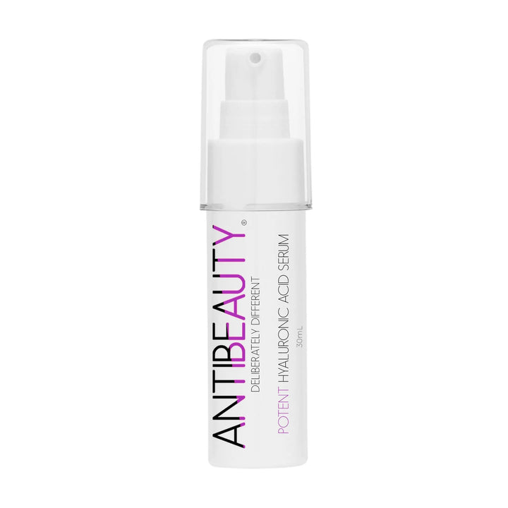 AntiBeauty Potent Hyaluronic Acid Serum with product label on display against a white background.