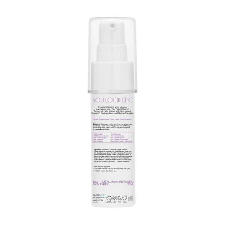 Back label of AntiBeauty Potent Retinol Serum bottle on white background, featuring product details and ingredients list.