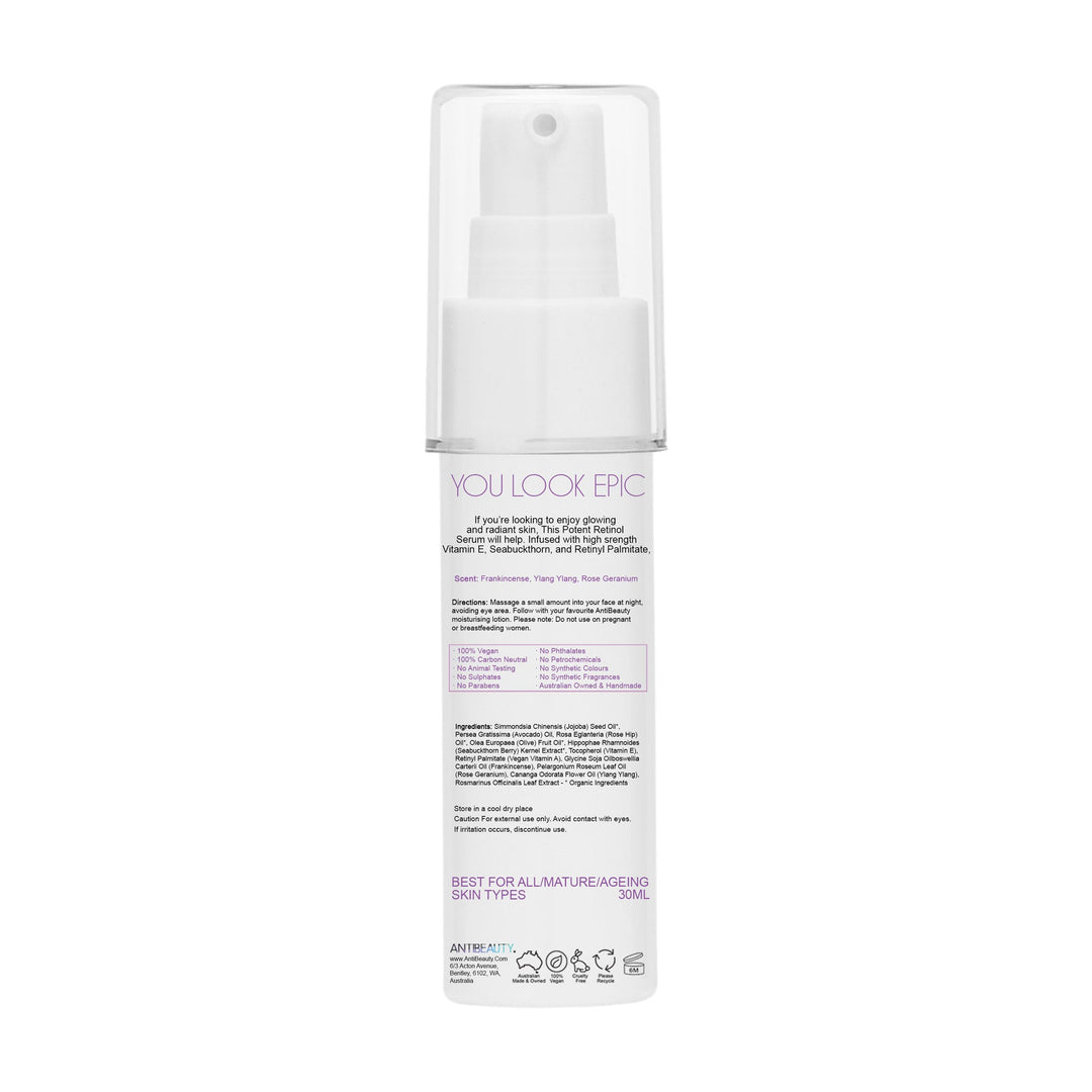 Back label of AntiBeauty Potent Retinol Serum bottle on white background, featuring product details and ingredients list.