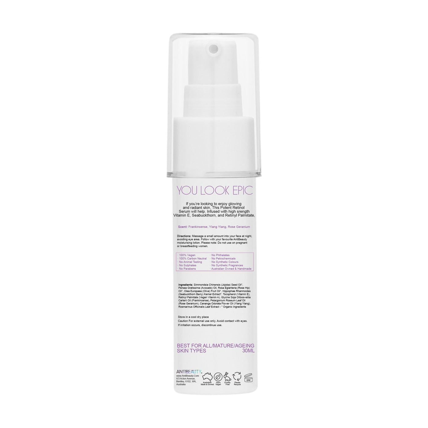 Back label of AntiBeauty Potent Retinol Serum bottle on white background, featuring product details and ingredients list.