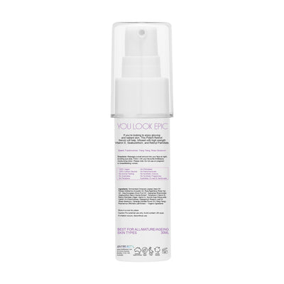 Back label of AntiBeauty Potent Retinol Serum bottle on white background, featuring product details and ingredients list.