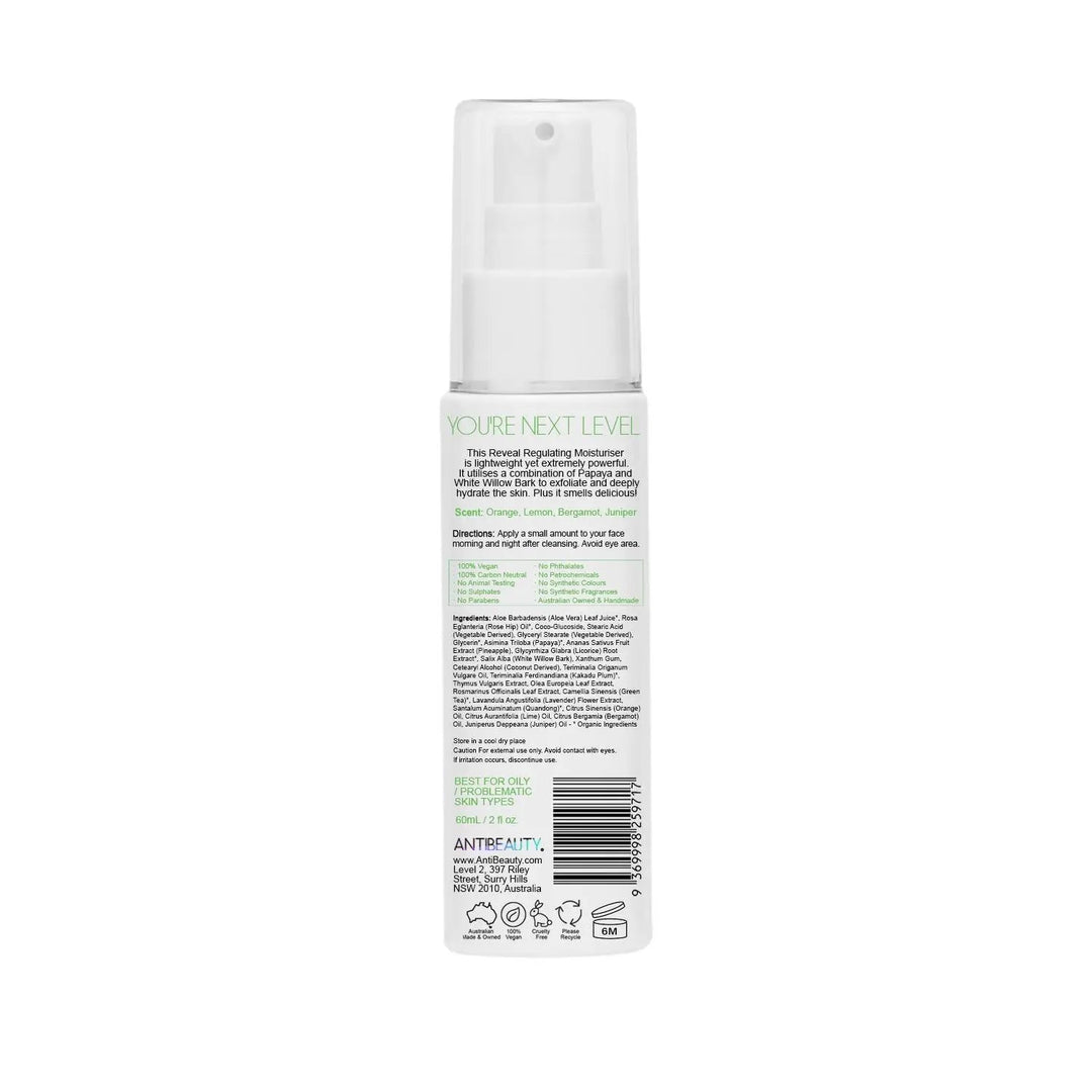 Back label of AntiBeauty Reveal Regulating Moisturiser bottle on white background, featuring product details and ingredients list.