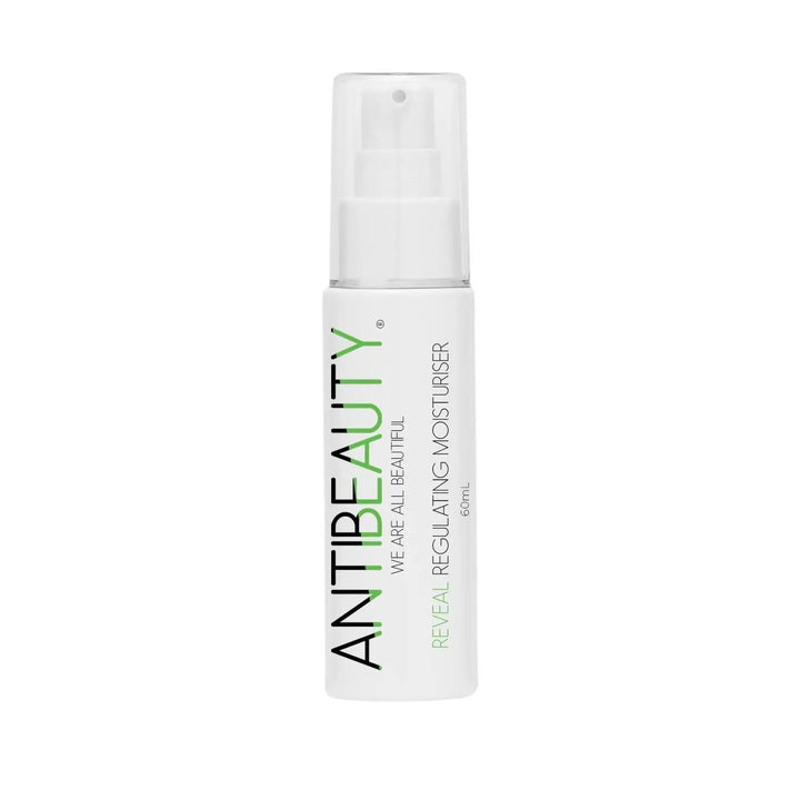 AntiBeauty Reveal Regulating Moisturiser with product label on display against a white background.