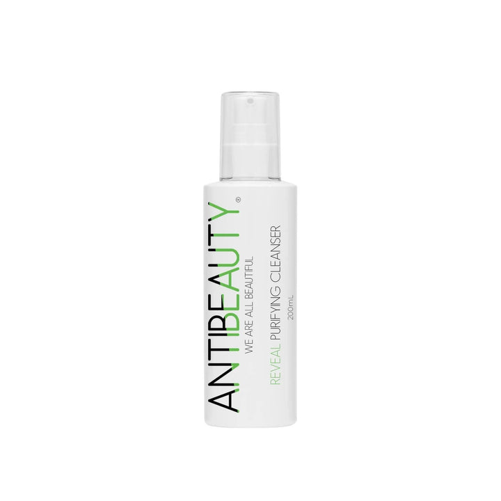 AntiBeauty Reveal Purifying Cleanser with product label on display against a white background.