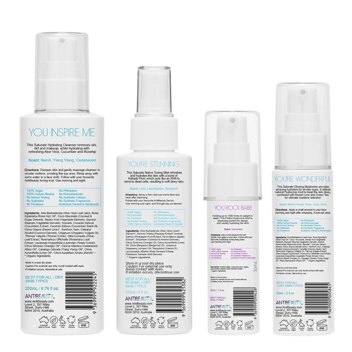 Saturate Hydrating Bundle on a white background showing the back of product labels